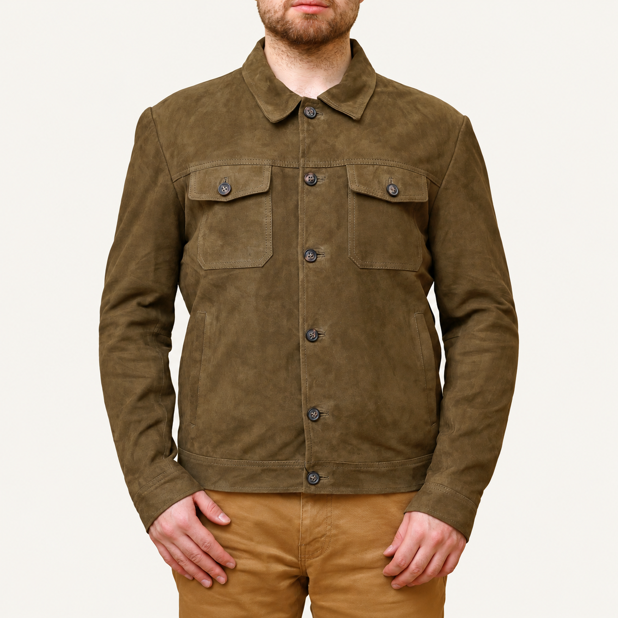 Men's Vintage Olive Brown Suede Leather Trucker Jacket – Classic Button-Front Design Gallery